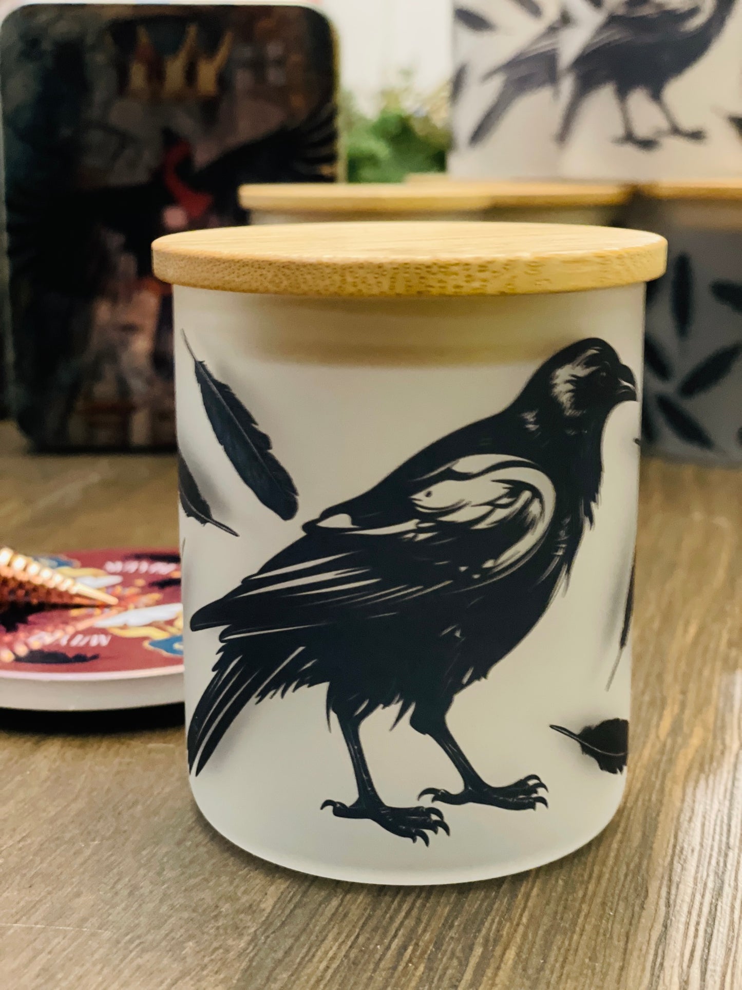 Crow and Feathers Glass Votive